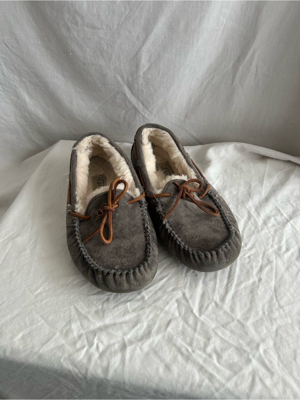UGG Women’s Charcoal Suede Moccasin Slippers with Brown Lace Trim
